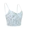 Women Floral Print Lace Camis Crop Tanks Top Spaghetti Strap Sheer Mesh Corset Bustier Tops Bralette