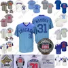 Maillots de Baseball PERSONNALISÉS Greg 31 Maddux Vintage Jersey 1995 WS Gris Blanc Bébé Bleu Pinstripe Joueur Cooperstown Pull Hall Of Fame Patch