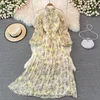 Casual Dresses 2023 Women's Chiffon Print Flowers Halter Neck Off Shoulder Puff Long Sleeve High Waist Big Expansion Maxi Dress