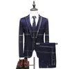 Mäns kostymer Blazers Wedding Plaid Blue Grey Jacket Pants Vest 3 PCS Set 202 Slim Fit Business Tuxedo Dress Classic Formal Coat 230111