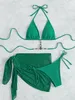 Women's Swimwear 3 Pieces Mesh Skirt Women Luxury Solid Green Bikini Set Beach Bathing Suit Cover Up Thong Swimsuit 230111