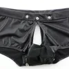 Underpants Sexy Gay Underwear Men Boxer Faux Leather Exotic Open Crotch Panties Button Big Penis Pocket Black PU Men's Boxershorts