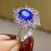 Cluster Rings Silver Luxury Blue Crystal Diamond Ring Group Inlay Imitation Natural Sri Lanka Sapphire for Women Fine Jewelry Party Gift