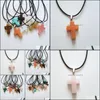 Pendant Necklaces Wholesale 24Pcs/Lot Mixed Fashion Jewelry Natural Stones Pendants Powder Crystal Cross Leather Chains Charms Neckl Dhyzf