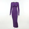 Casual klänningar Elegant vadderad axel Bodycon Midi Dress Women Autumn Winter Long Sleeve Ruched Club Party Outfits Ladies O Neck 2023