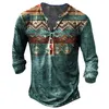 Men's T-Shirts Vintage With Button Ethnic Pattern Print Spring Autumn Loose O-Neck Long Sleeve Oversized T Shirts Male Clothing 230111
