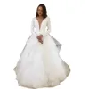 2023 A Line Wedding Dresses Summer Bohemian Beach Country Deep V Neck Keyhole Tulle Ruffles Long Sleeves Open Back Sweep Train Plus Size Bridal Gowns