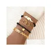 Charm Bracelets Fashion Jewelry 4Pcs/Set Bracelet Double Ring Heart Pendant Beads Bangle Set Drop Delivery Dhlj8