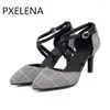 Сандалии Pxelena Fashion Plaid Office Lady Women Cross Stiletto Stiletto Thin High Heels Shoes Женская Гладиатор.