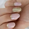 False Nails Golden Glitter 간단한 디자인 아몬드 중간 쇼트 풀 커버 아트 젤 사랑스러운 손톱 echiq