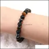 Beaded 8Mm Black Agate Tiger Eye Natural Stone Beads Bracelet For Men Women Handmade Braided Elastic Chakra Energy Fashion Jewelry D Dh0K1