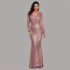 2023 Mãe de lantejoulas de miçanga 2023 Vestidos de noiva Champagne plus size Chiffon Mangas longas sexy Groom madrinha vestido de noite para casamento