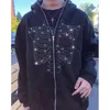 Men's Hoodies Sweatshirts Rhinestones Spider Web Skeleton Print Black Y2k Goth Long-sleeve Full Zip Hoodies Oversized Jacket American Fashion -selling 230111