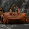 Duffel Väskor Mäns vintage Crazy Horse Leather Travel 18 "Brown äkta väska Hållbar ko helg stor tote