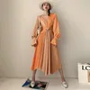 Vestidos casuais vestido de plissar irregular e elegante das mulheres muçulmanas com faixas abaya vintage de manga longa duas coloridas retalhos