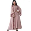 Ethnic Clothing Middle East Dress Pink Kaftan Robe Djellaba Femme Musulmane Modest Dubai Abaya Turkey Islam Muslim Hijab Embroidered Round