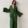 Kvinnors sömnkläder Hösten French Loose Nightgown Cotton Women's Robe Pyjama Set Flare Trouser Suits Woman 2 Pieces Gaze Bathrobe