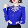 Women's TShirt M4XL Elegant Lace shirt Autumn Winter drilling longsleeved Tshirt Flowers Mesh Tops Blusa 230110