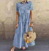 Outong Denim Style Long Dress Multi Button Printed Distressed