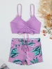 Women's Swimwear Tropical Print Drawstring Bikini 2023 Women High Waist Swimsuit Tie Front Shorts Female Bathing Suit Swimming Summer 230111
