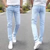 Jeans masculinos homens estiramento jeans magros masculino designer marca super elástico calças retas jeans fino ajuste moda jeans céu azul 230111