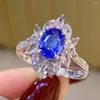 Cluster Rings Silver Luxury Blue Crystal Diamond Ring Group Inlay Imitation Natural Sri Lanka Sapphire For Women Fine Jewelry Party Gift