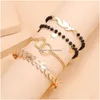 Charm Bracelets Fashion Jewelry 4Pcs/Set Bracelet Double Ring Heart Pendant Beads Bangle Set Drop Delivery Dhlj8