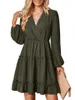 Casual Dresses Women's Jacquard V-hals midja wrap klänning spets trimmad schweizisk prick skiktad a-line långärmad