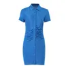 Casual Dresses Women Fashion Short Sleeve Ruched Dress Stylish Button Up Solid Color Mini For Ladies High Street Bodycon DressesCasual