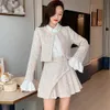 Women's Knits Tees High Quality Women Autumn Winter 3 Piece Sets Lady Fashion Elegant Slim Coat Skirt Shirt Three piece Suit Tweed 230110