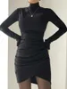 Casual Dresses Women Bodycon Dress Long Sleeve Turtleneck Pleated Irregular Hem Solid Slim Fit Mini For Club Party