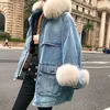 Parkas en duvet pour femmes Parka en fourrure d'hiver Denim coupe-vent veste coton rembourré long manteau lâche détachable doublure épaissie pardessus 230111