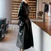 女性の革のフェイクネラッツリュリスプリング黒い大型長い防水トレンチコート女性用スリーブルーズ韓国ファッション服l230110