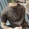 メンズTシャツスプリングショートスリーブセーターTシャツ格子縞の編み厚いストリートウェア高品質のTシャツHomme 230110