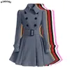 Women's Wool & Blends Fashion 2023 Women Autumn Winter Clothing Coats Long Slim Skirt With Belt Casual Double Breasted Outerwear Female Tops