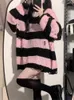 Women's Sweaters Deeptown Y2K Pink Striped Women Harajuku Vintage Black Knitted Jumper Grunge Sexy Hole Hollow Out Loose All-match Tops