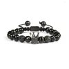 Strand Natural Faceted Onyx Stone Pink CZ Crown Charm Couples Bracelet Laser Printing Logo On Back Beads Drop Ship Jewelry