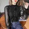Kadın Sweaters Dikişli Uzun Kollu Bluzlar Kore Stand Yakası Mesh Şifon Gömlek Kadınlar Nazik fırfırlı papyon örgü gömlekler Blusas
