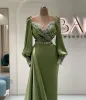 Superbe sirène perlée robes de bal pure décolleté en coeur robes de soirée manches longues appliqué balayage train satin surjupe robe formelle 2023