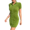 Casual Dresses Women Fashion Short Sleeve Ruched Dress Stylish Button Up Solid Color Mini For Ladies High Street Bodycon DressesCasual