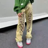 Men's Jeans 2023 Punk Style Leopard Print Khaki Vintage Baggy Men Pants Washed Distressed Straight Women Cotton Long Trousers Pantalon