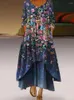 Casual Dresses Women's Flower Printting Vintage Elegant Long-Sleeve Maxi Robes Irregular Hem Plus Size Female Midi Dress 2023