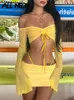 Women's Knits Tees ALLNeon Y2K Aesthetics Sexy Co ord Sets Yellow 2000s Clubwear Off Shoulder Flare Sleeve Crop Tops and Micro Skirt 2 Piece Suits 230110