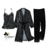 Women's Sleepwear Autumn Winter Velvet 3PCS Pajamas Set Women Sexy Leopard Lace Trim Pijamas Suit Casual Velour Bathrobe Home Clothes