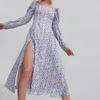 Casual Dresses Women's Maxi For Summer 2023 Sexy High Split Low Squarre Neck Boho Dress Sweet Girl Long Sleeve INS Fashion Vestidos