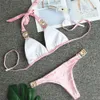 Women's Swimwear Crystal Bikini Set Bandage Velvet Pink Swimsuit Bathing Suit Women Sexy Thong Gold Stone Beach Wear 230111