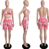 Maillots De Bain Femme Sexy Soutien-Gorge Maille Bikini Shorts Ensembles Femme Tie Dye Maillot De Bain À Volants 2 Pièces Halter Bandage Crop Top Vêtements D'été Vêtements De Plage