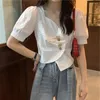 여성용 블라우스 hic High High High High High Waist Slim Fit Short Blouse Preated 불규칙한 단단한 Blusas Mujer Autumn Spring Sexy Exposed Collarbone 셔츠