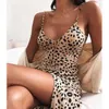 Printemps et robes décontractées été imprimé léopard imprimé col en V robe à bretelles femmes