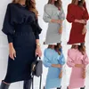 Lazada – robe décontractée, couleur unie, col rond, coupe à la taille, gaine, automne
